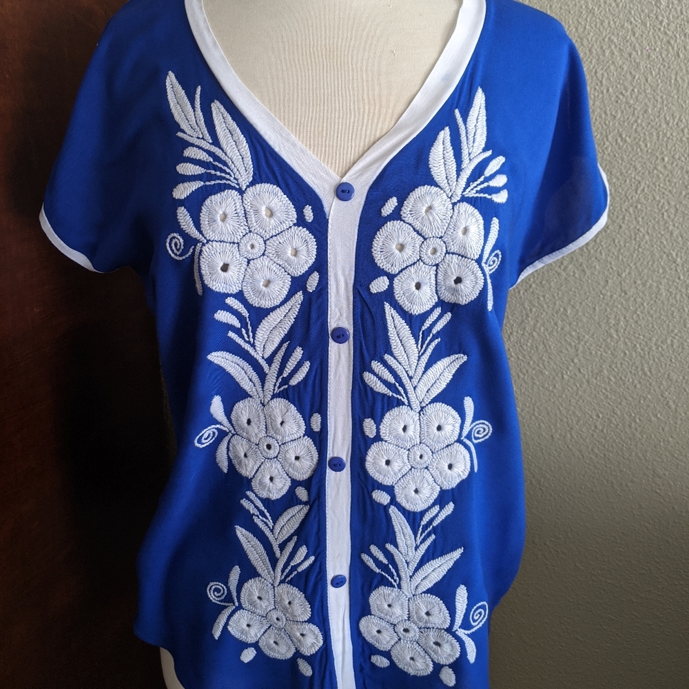 Blue and white embroidered blouse Made in  Oaxaca Mexico